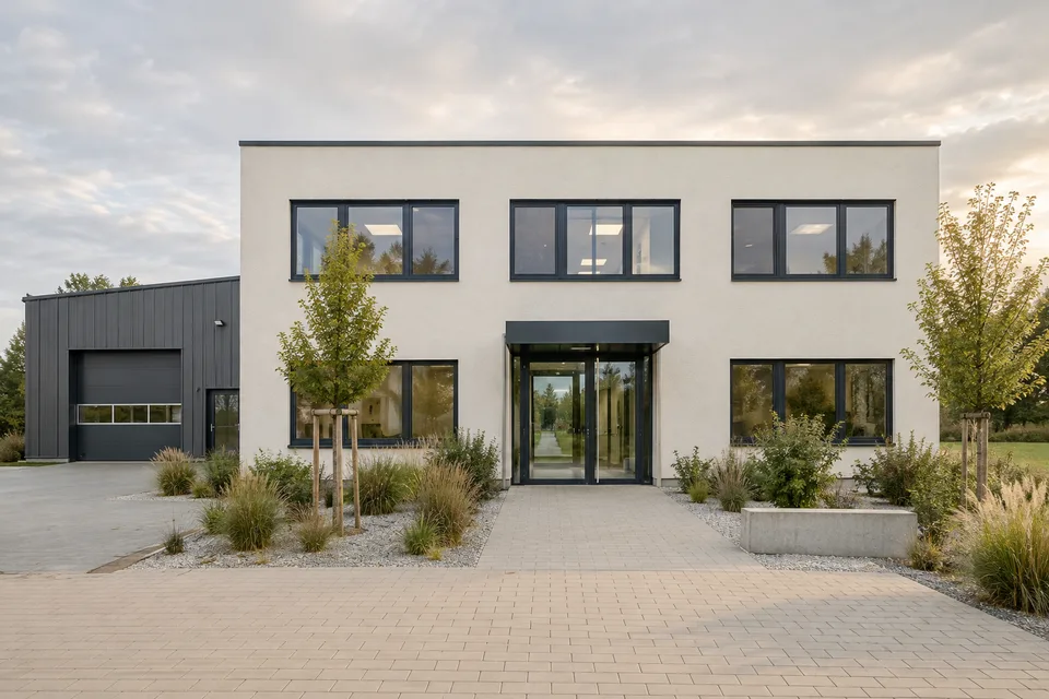 Modernes Gewerbegebäude mit Büroflächen und angrenzender Werkhalle