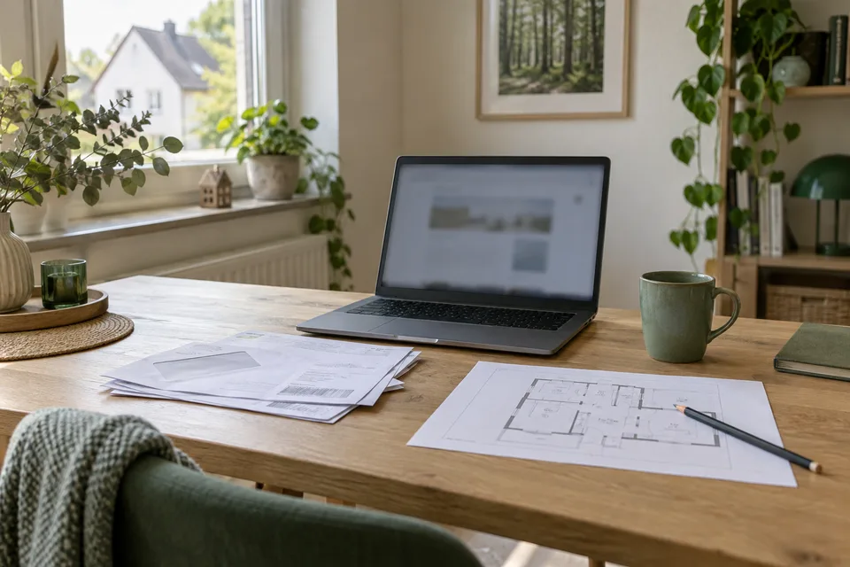 Laptop, Verbrauchsunterlagen und Grundriss auf einem hellen Schreibtisch