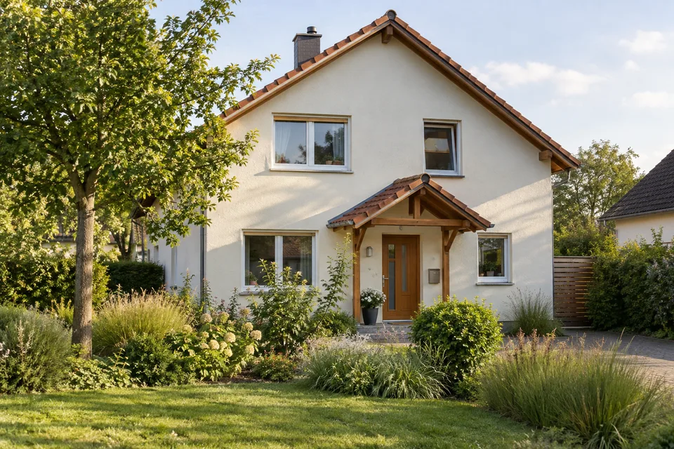 Gepflegtes Einfamilienhaus mit hellem Putz, Ziegeldach und grünem Vorgarten